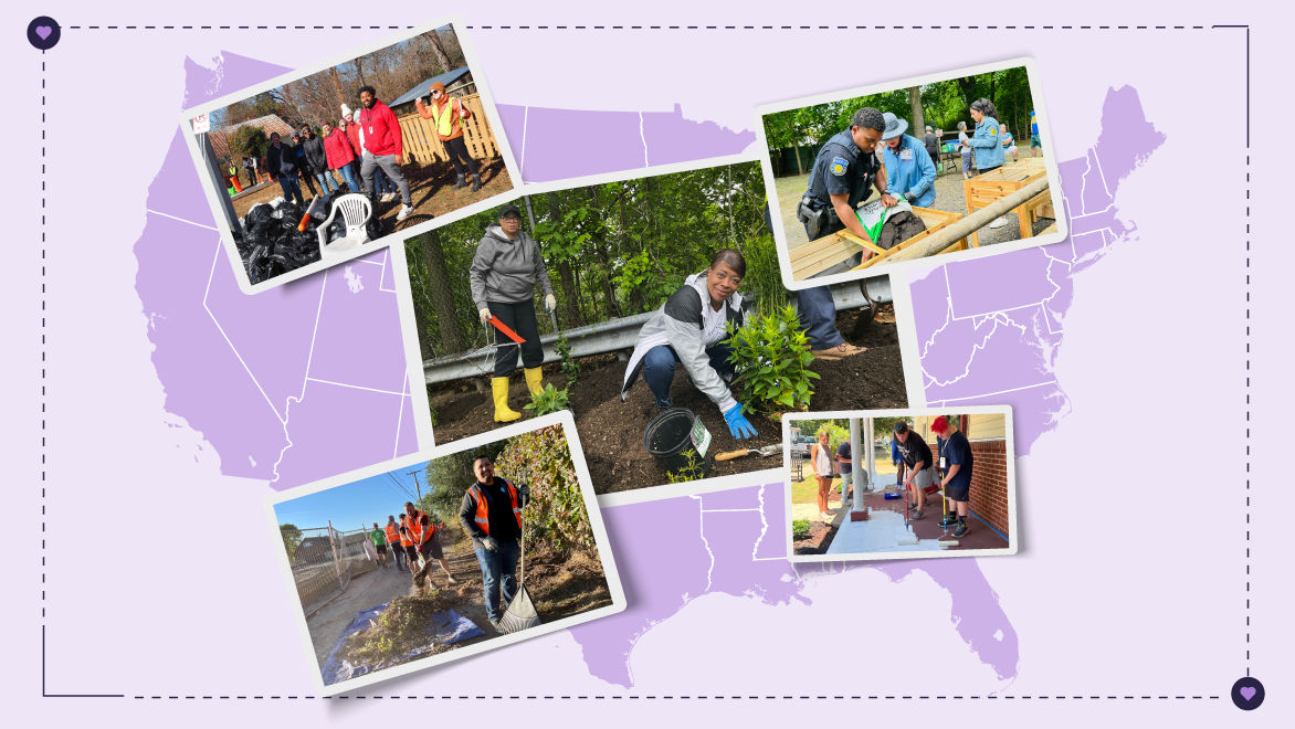 Graphic with purple map of continental U.S. with an overlaid collage of photos of people Graphic with purple map of continental U.S. with an overlaid collage of photos of people
